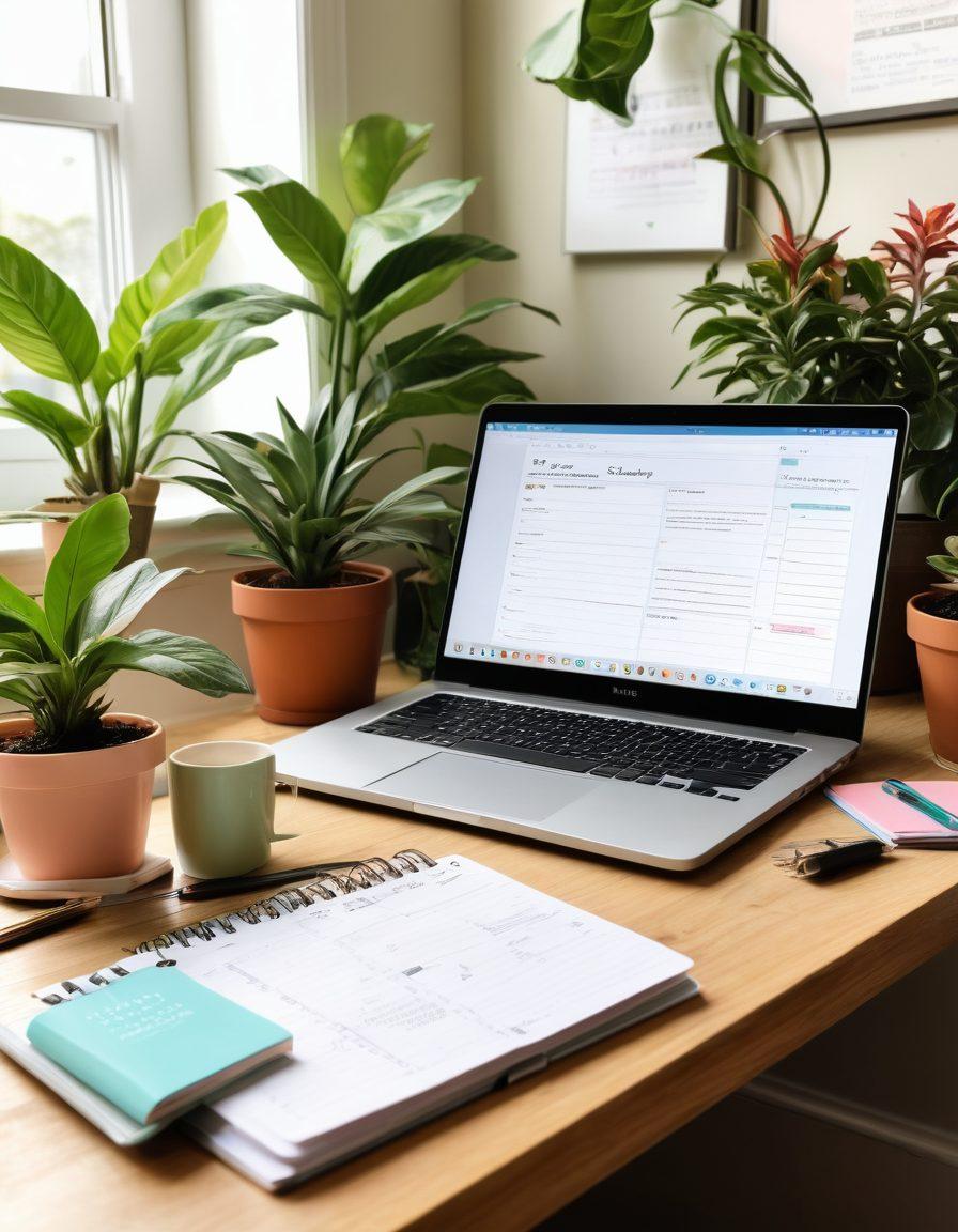 A serene workspace featuring a laptop with an open blog page, surrounded by colorful stationary, a steaming coffee cup, and potted plants. Add soft lighting and a motivational quote framed on the wall. Include hints of a well-organized planner and creative notes to inspire aspiring bloggers. cozy and inviting atmosphere. super-realistic. vibrant colors. natural light.