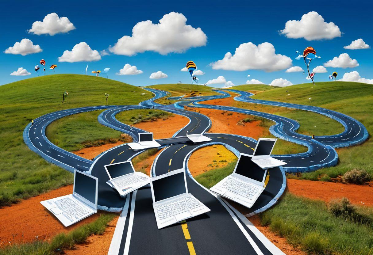 A winding road made of pages and laptops, leading through various landscapes representing different blog themes: technology, travel, cooking, and lifestyle. Bright, inviting colors with whimsical blog-related icons like light bulbs and pens scattered along the road. A soft blue sky with fluffy clouds to enhance a sense of optimism and creativity. super-realistic. vibrant colors. 3D.