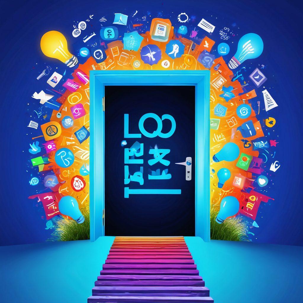 An open door with glowing letters spelling 'Blogosphere' welcoming a stylized, colorful world of content creation. Various digital tools like pens, keyboards, and creative symbols like light bulbs soar around, symbolizing inspiration. A clear blue sky above signifies limitless possibilities, while a winding path leads into the vibrant landscape filled with blogs and social media icons. super-realistic. vibrant colors. inspirational.